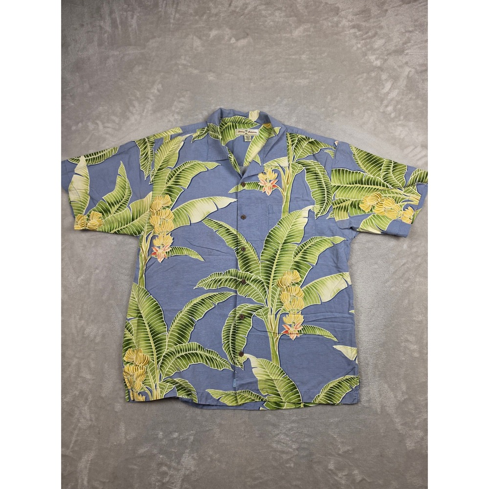 Tommy Bahama Button Up Shirt Mens L Blue Silk Banana Leaf Tropical Floral *Read